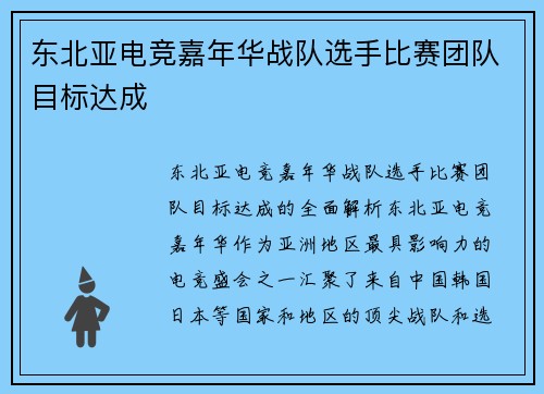 东北亚电竞嘉年华战队选手比赛团队目标达成