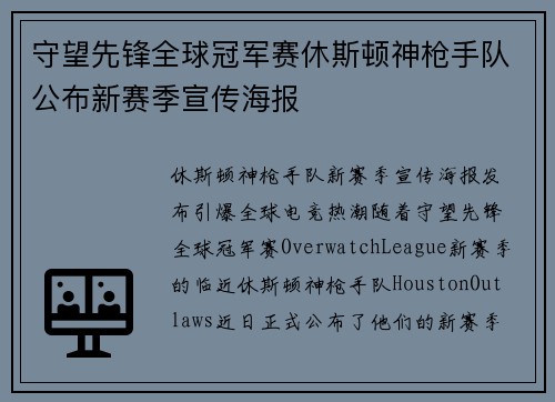 守望先锋全球冠军赛休斯顿神枪手队公布新赛季宣传海报