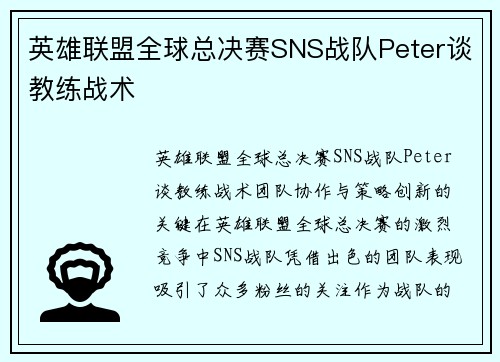 英雄联盟全球总决赛SNS战队Peter谈教练战术